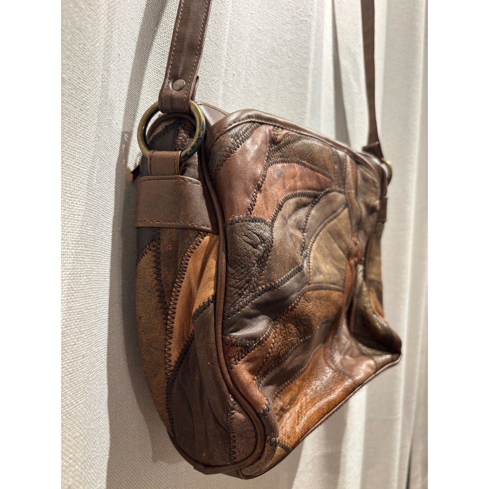 Vintage Patchwork Leather Crossbody Bag Brown Boho Zigzag Stitch Shoulder Bag